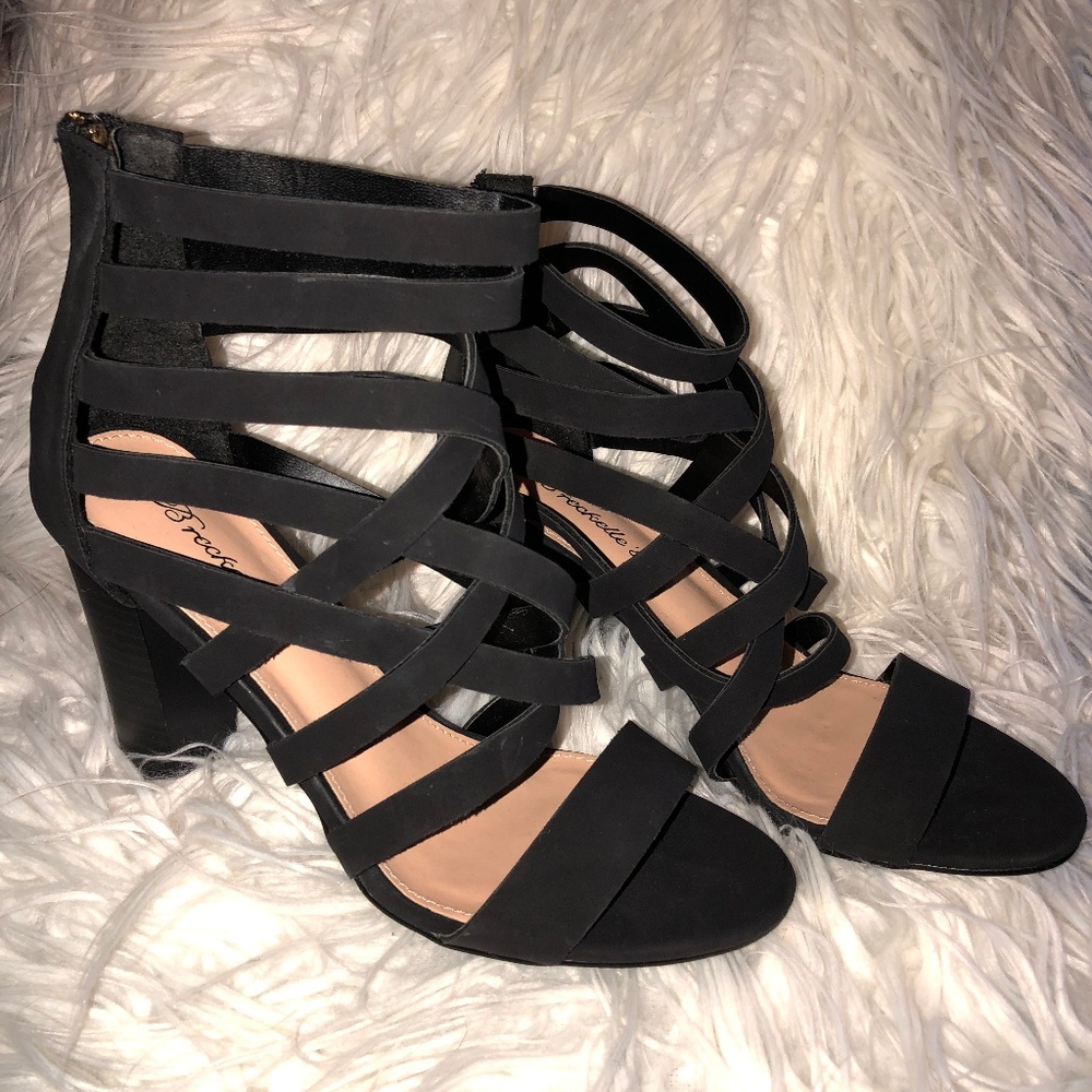 Black Strappy Block Heels • 8.5 • Breckelles •NWOT